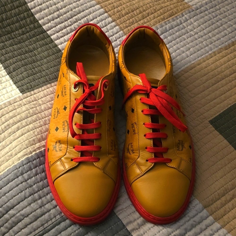MCM Men's Color Block Terrain Lo Sneakers in Visetos Sz 44 Cognac and Red